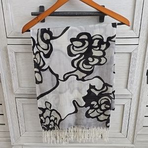 Floral Black and Gray Scarf with Fringe